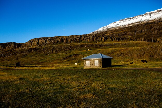 Belle image de paysage de l'Islande avec le ciel bleu de montagnes et l'herbe verte