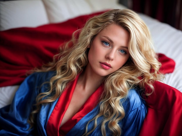 Une belle jeune blonde dans une robe bleue