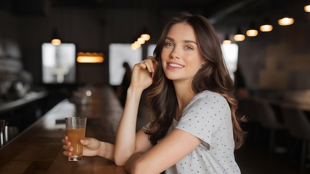 Une belle jeune brune assise au bar.