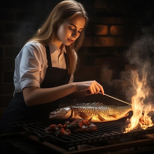 Photo une belle jeune cuisinière cuit du poisson grillé sur le gril.