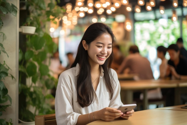 Belle jeune entrepreneur asiatique portant un téléphone portable décontracté pour faire du shopping en ligne, profitant des médias sociaux et d'un ordinateur portable à la maison Démarrant une banque en ligne pour petite entreprise