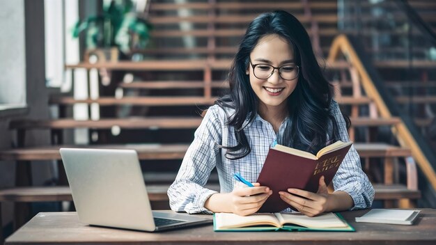 Photo une belle jeune étudiante se prépare à ses examens d'anglais dans le campus universitaire en utilisant un ordinateur portable et un han