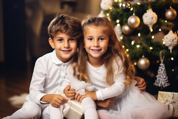 Une belle jeune famille apprécie ses vacances ensemble. Des enfants mignons et heureux assis.