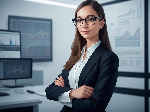 Une belle jeune femme d'affaires debout dans un bureau moderne généré