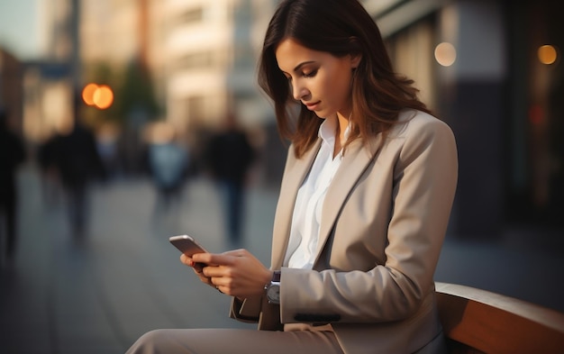 Une belle jeune femme d'affaires regardant son téléphone IA générative