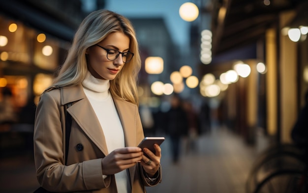 Une belle jeune femme d'affaires regardant son téléphone IA générative