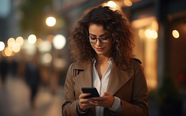 Une belle jeune femme d'affaires regardant son téléphone IA générative