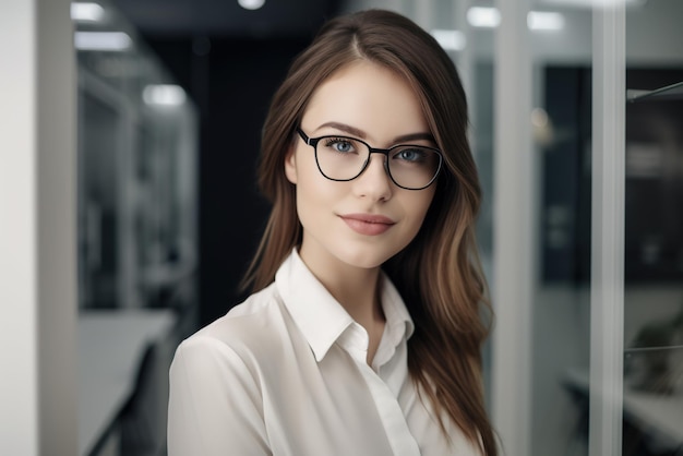 Une belle jeune femme d'affaires se tient avec confiance dans sa tenue d'entreprise portant des lunettes et exsudant le succès