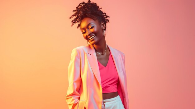 Une belle jeune femme afro-américaine aux cheveux bouclés portant un costume rose souriante et regardant vers le bas