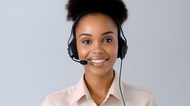 Belle jeune femme afro-américaine opérateur de centre d'appels portant des écouteurs avec un microphone