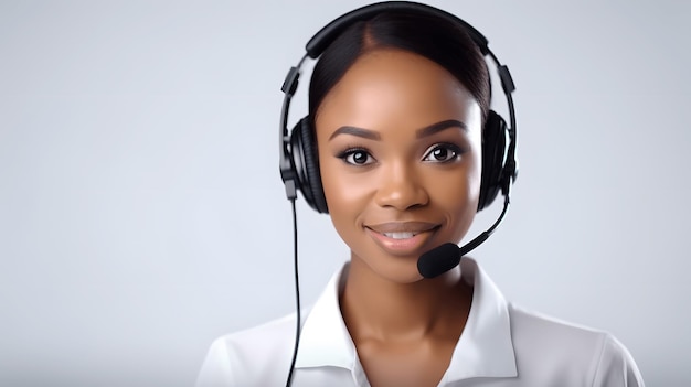 Belle jeune femme afro-américaine opérateur de centre d'appels portant des écouteurs avec un microphone