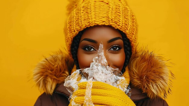 Photo belle jeune femme afro-américaine portant un chapeau jaune et une veste brune avec un collier de fourrure tenant un morceau de glace dans ses mains et regardant le