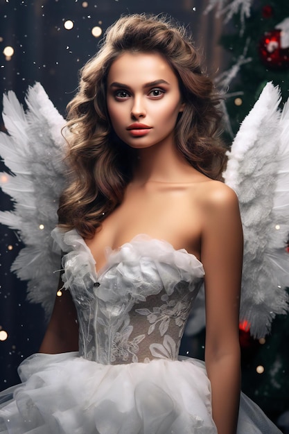 Une belle jeune femme avec des ailes d'ange dans une robe de Noël beauté de la mode