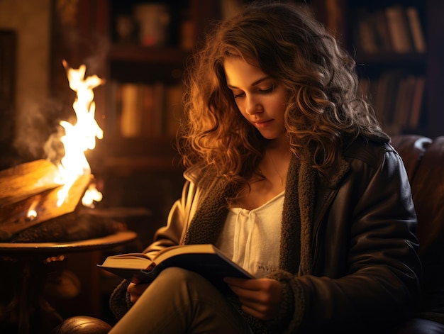 Une belle jeune femme aime lire un livre près de la cheminée un soir d'hiver.