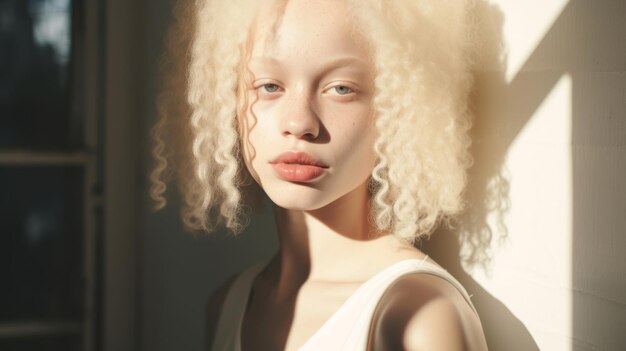 Belle jeune femme albino portrait debout près de la fenêtre à la lumière du soleil douce