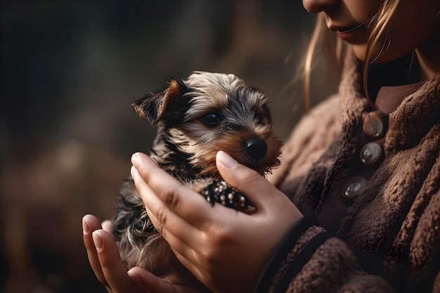 La belle jeune femme alimente le chiot de ses mains