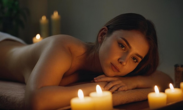 Une belle jeune femme allongée sur un lit de massage dans un salon de spa atmosphère relaxante fleurs bougies