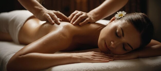 Une belle jeune femme allongée sur un lit de massage dans un salon de spa atmosphère relaxante fleurs bougies