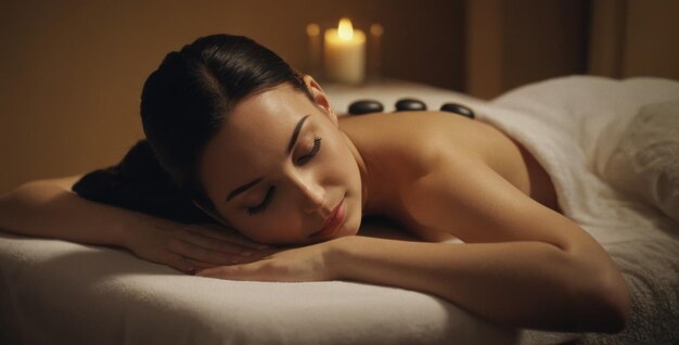 Une belle jeune femme allongée sur un lit de massage dans un salon de spa atmosphère relaxante fleurs bougies