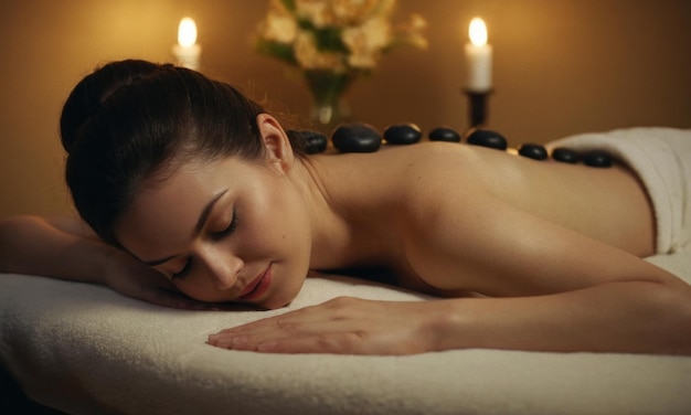 Une belle jeune femme allongée sur un lit de massage dans un salon de spa atmosphère relaxante fleurs bougies