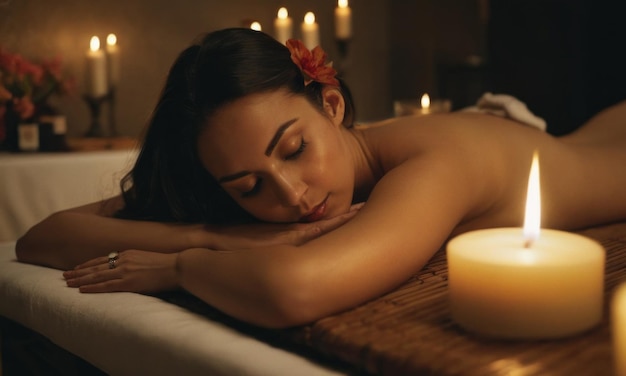 Une belle jeune femme allongée sur un lit de massage dans un salon de spa atmosphère relaxante fleurs bougies