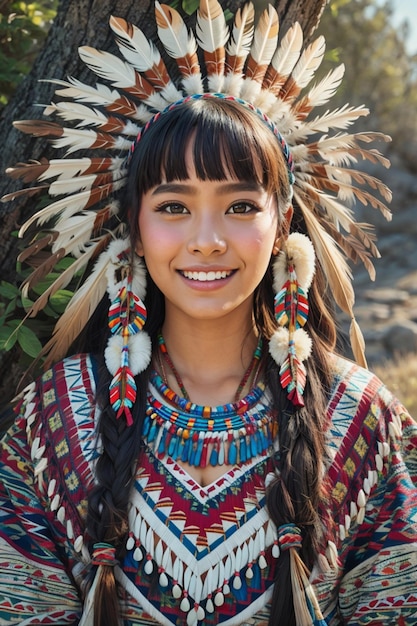 Photo belle jeune femme amérindienne en costume traditionnel