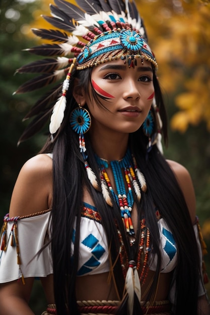 Belle jeune femme amérindienne en costume traditionnel