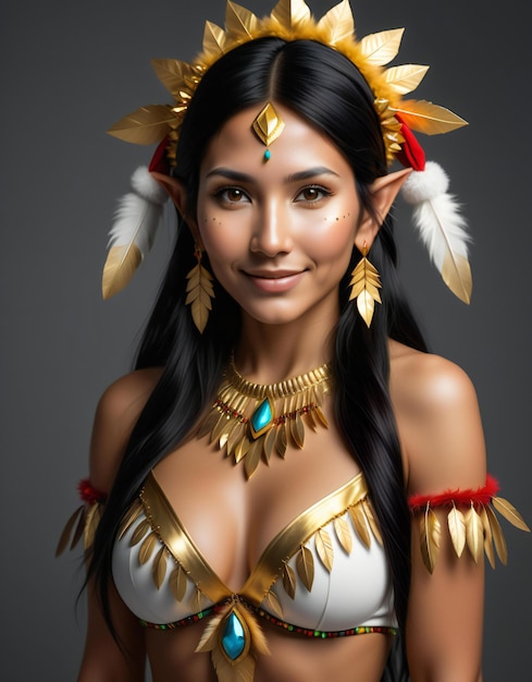 Une belle jeune femme asiatique dans un costume de style boho avec des plumes