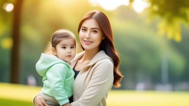 Une belle jeune femme asiatique avec un enfant, une fille bébé, des cheveux blonds, qui se promène dehors, souriante et joyeuse.