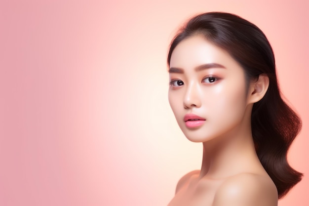 Belle jeune femme asiatique avec une peau fraîche et propre sur fond rose Soins du visage Traitement du visage Cosmétologie beauté et spa Portrait de femmes asiatiques