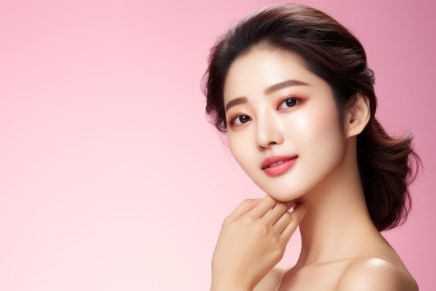 Belle jeune femme asiatique avec une peau fraîche et propre sur fond rose Soins du visage Traitement du visage Cosmétologie beauté et spa Portrait de femmes asiatiques