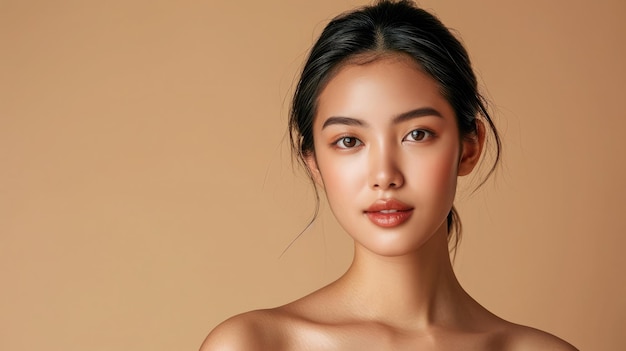 Belle jeune femme asiatique avec une peau propre et fraîche sur fond beige Soins du visage Traitement du visage Cosmétologie beauté et spa Portrait de femmes asiatiques