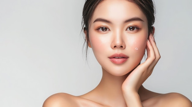 Belle jeune femme asiatique avec une peau propre et fraîche sur fond blanc Soins du visage Traitement du visage Cosmétologie beauté et spa Portrait de femmes asiatiques