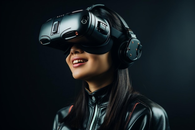 Belle jeune femme asiatique portant un casque de réalité virtuelle avec un fond clair