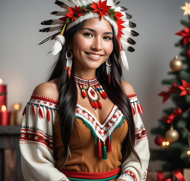 Une belle jeune femme asiatique portant un costume indien sur fond de Noël