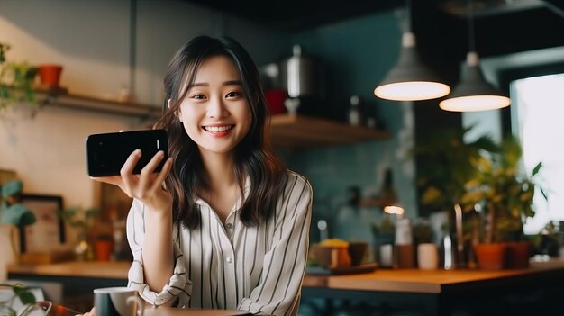 Une belle et jeune femme asiatique qui fait du contenu vidéo pour partager une fille s'enregistre elle-même sur le sm