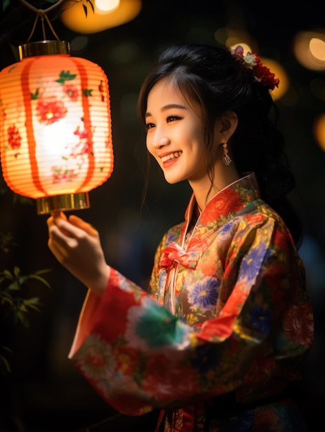 Belle jeune femme asiatique souriante en robe traditionnelle chinoise tenant une lanterne chinoise