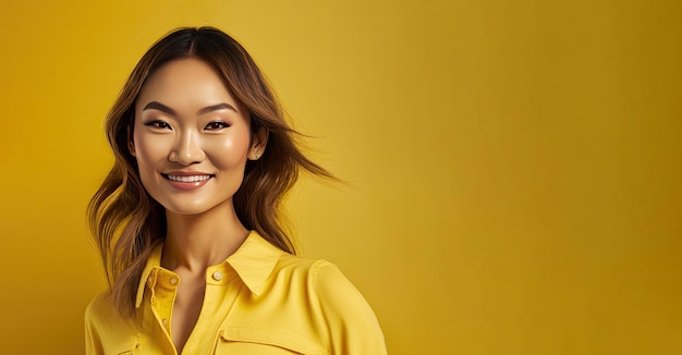 Belle jeune femme asiatique avec une tenue à la mode sur fond jaune isolé AI générative