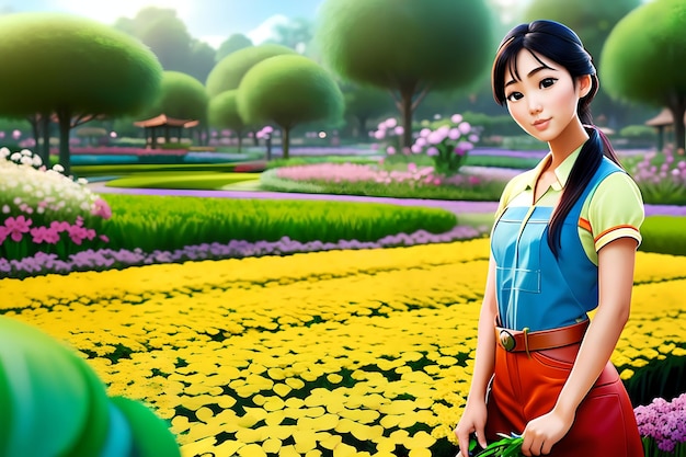 Belle jeune femme asiatique travaillant une fille de jardinier plantant des fleurs AI