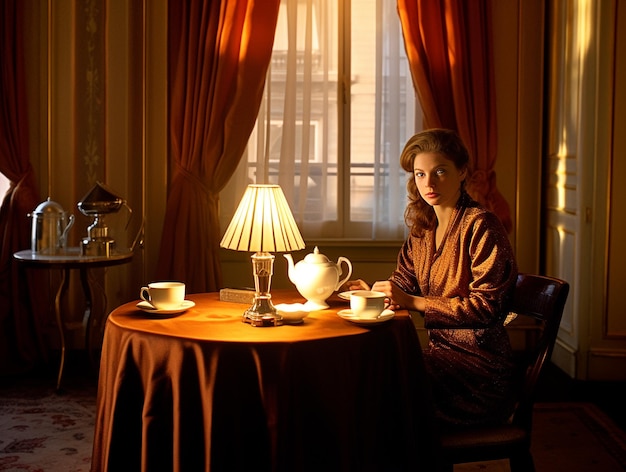 Belle jeune femme assise seule en train de prendre une tasse de thé de style vintage générée par l'IA