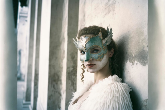 Belle jeune femme au regard mystérieux Masque vénitien Célèbre carnaval de Venise Italie Créé avec la technologie Generative AI