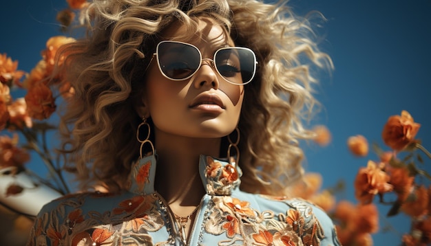 Photo une belle jeune femme aux cheveux blonds et aux lunettes de soleil souriantes générées par l'intelligence artificielle