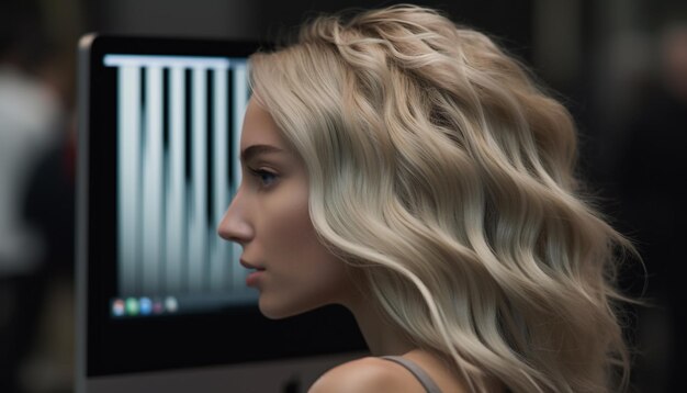 Belle jeune femme aux cheveux blonds bouclés dans un salon de coiffure générée par l'intelligence artificielle