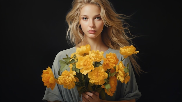 une belle jeune femme aux cheveux blonds tient une fleur jaune
