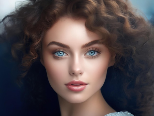 Une belle jeune femme aux cheveux bouclés et aux yeux bleus.