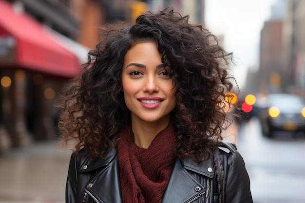 une belle jeune femme aux cheveux bouclés debout dans une rue de la ville