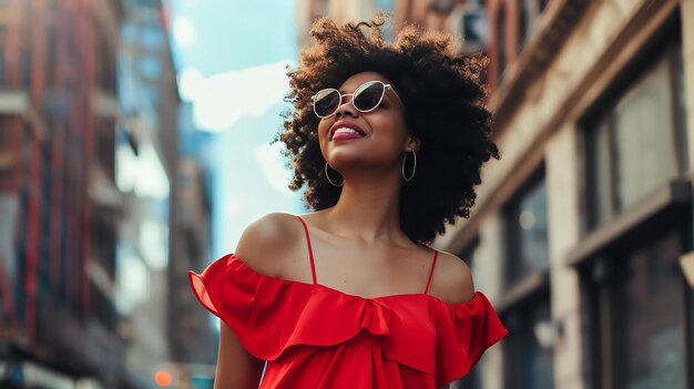 Une belle jeune femme aux cheveux bouclés portant une robe rouge et des lunettes de soleil souriante et détournant le regard de la caméra