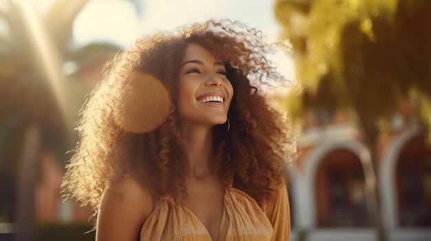 Belle jeune femme aux cheveux bouclés souriant dans la nature par une journée ensoleillée