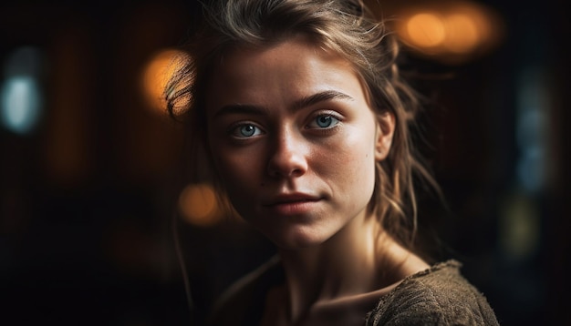 Belle jeune femme aux cheveux bruns souriante en toute confiance générée par l'IA