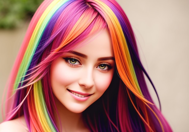 Photo belle jeune femme aux cheveux colorés portrait d'une fille aux cheveux multicolores ai générative